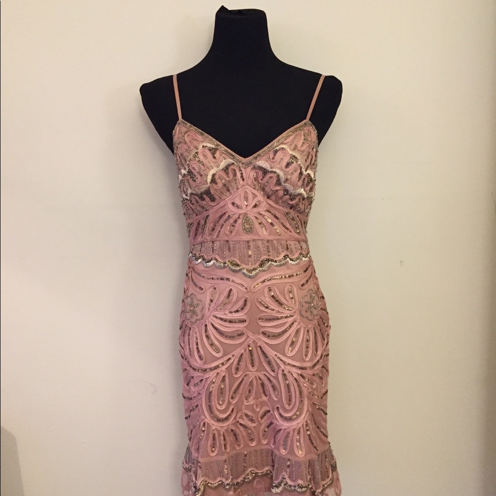 Rose Gold Sue Wong Beaded Cocktail Dress